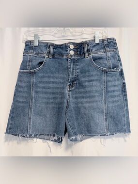 Risen Denim Freckled Poppy High Rise Jean Shorts 30” Stretch Distressed Denim